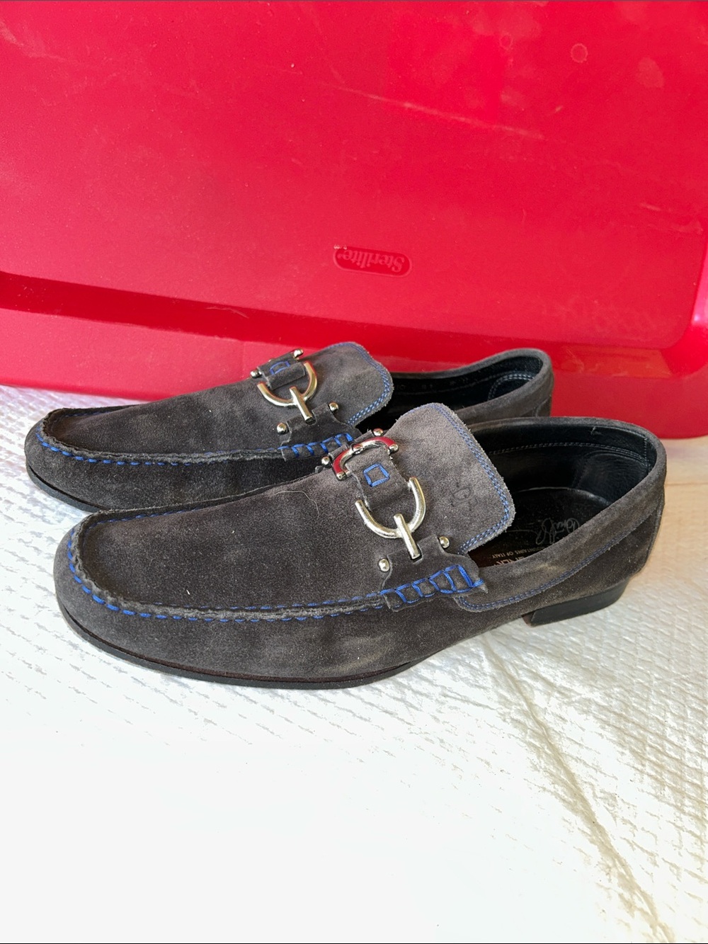 Donald J. Pliner Charcoal Suede Loafers with Blue Stitching